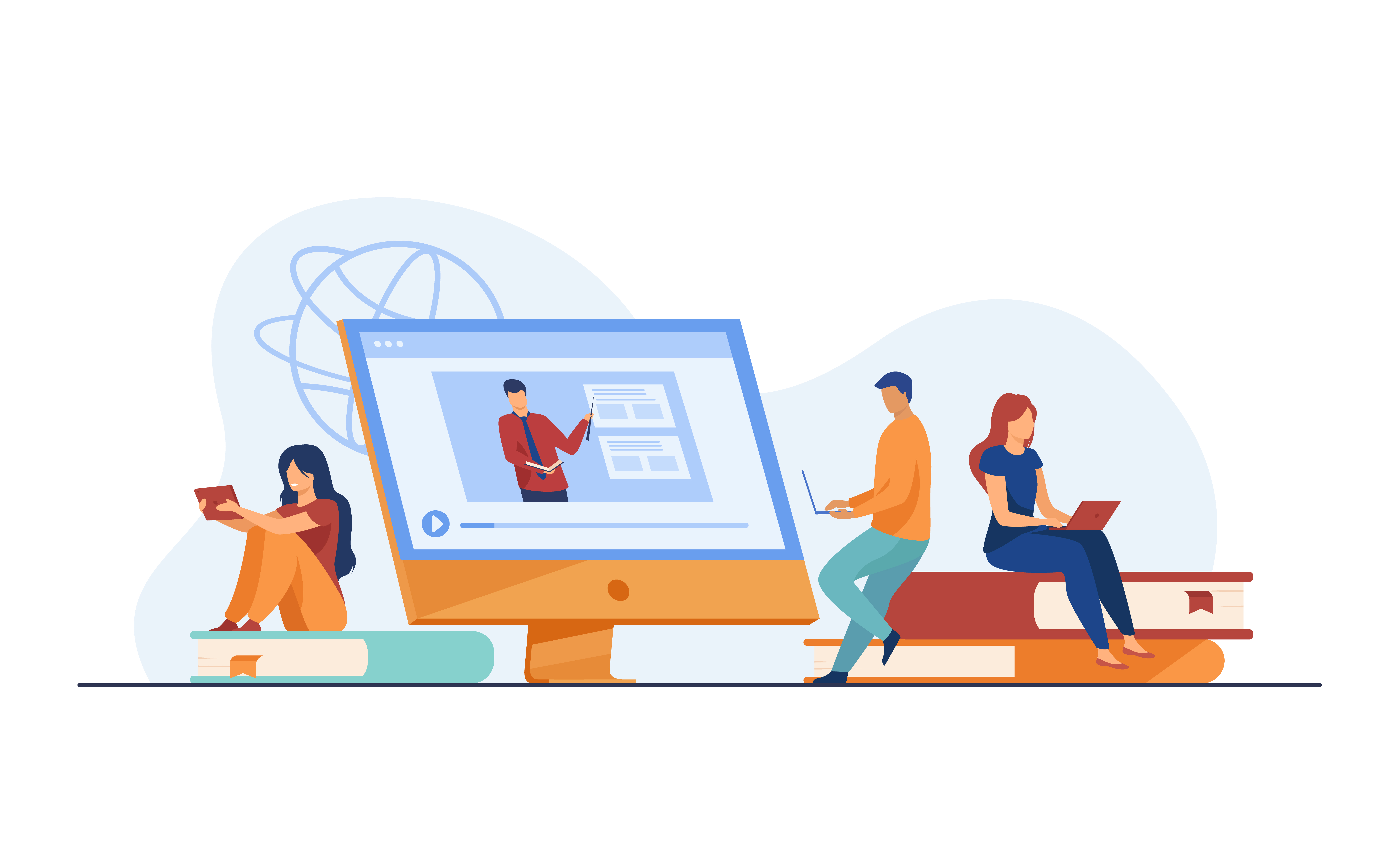 Group of students watching online webinar. Young men and women sitting on stacks of books, using laptop computers. Vector illustration for internet course, video lecture, education concept
