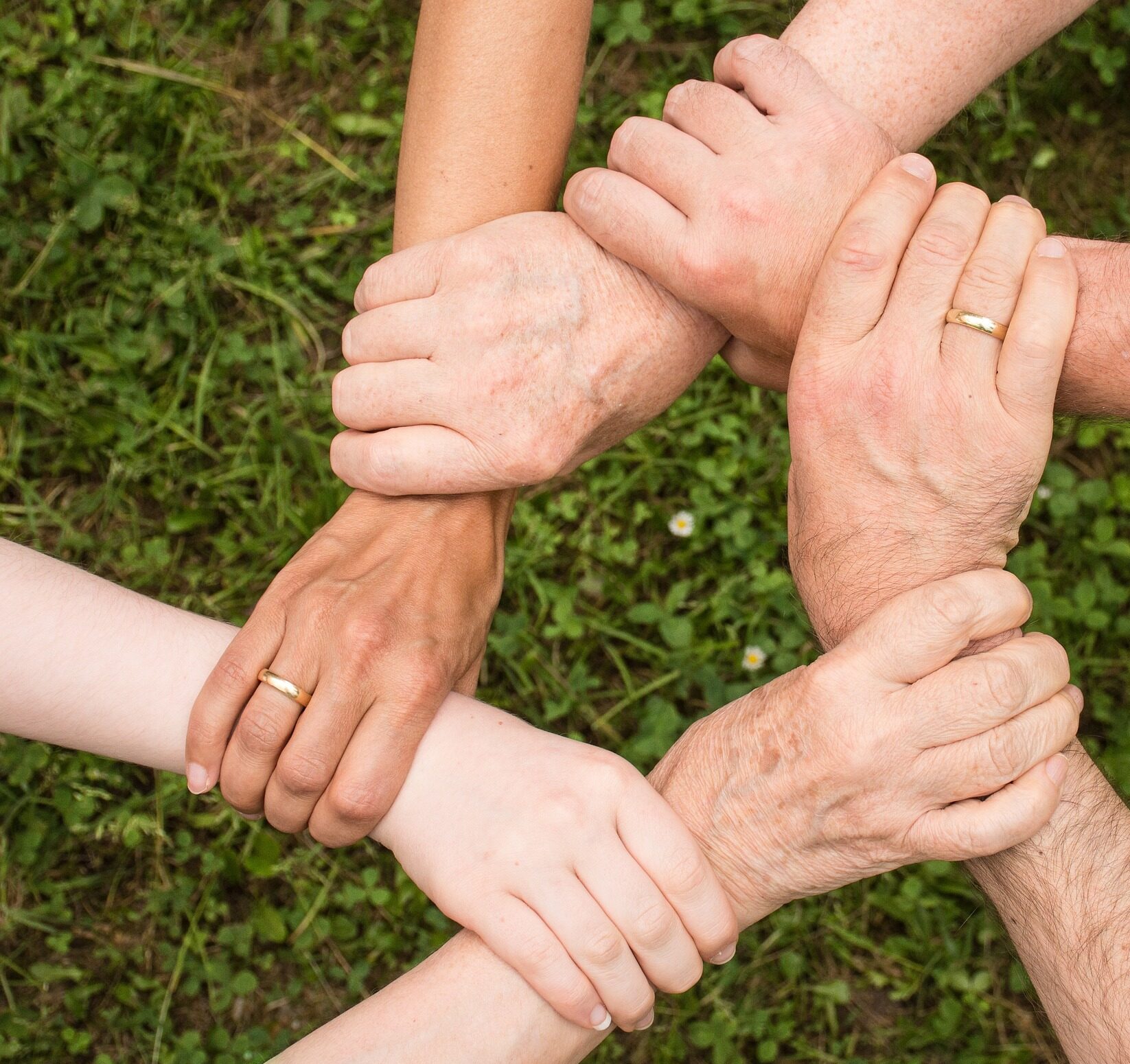 six hands forming a circle holding each others' wrists