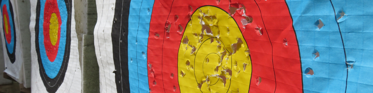 Image of series of targets with holes in clustered close to the bullseye