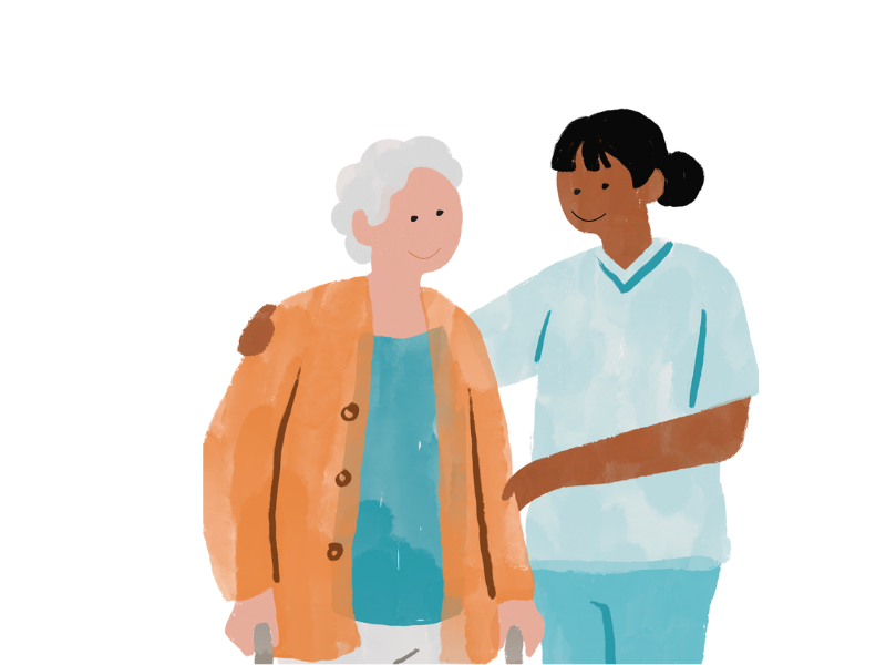 An illustration of a carer supporting an older smiling women
